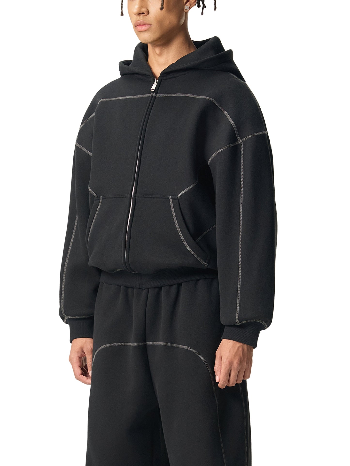 Love Bar Contrast-Stitched Boxy Fleece Zip Hoodie